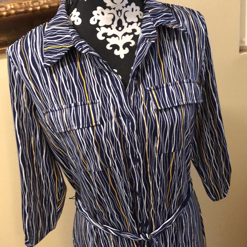 💙Robert Louis abstract vertical stripes, button down, sash belt stretchy dress